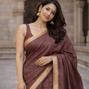 Coffee brown munga tussar silk saree with zari detailing at the border and the aanchal