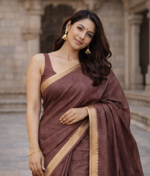 Coffee brown munga tussar silk saree with zari detailing at the border and the aanchal