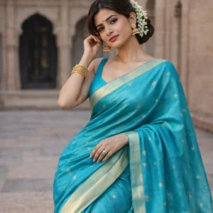 Firozi munga tussar silk saree with woven zari buta detailing all over
