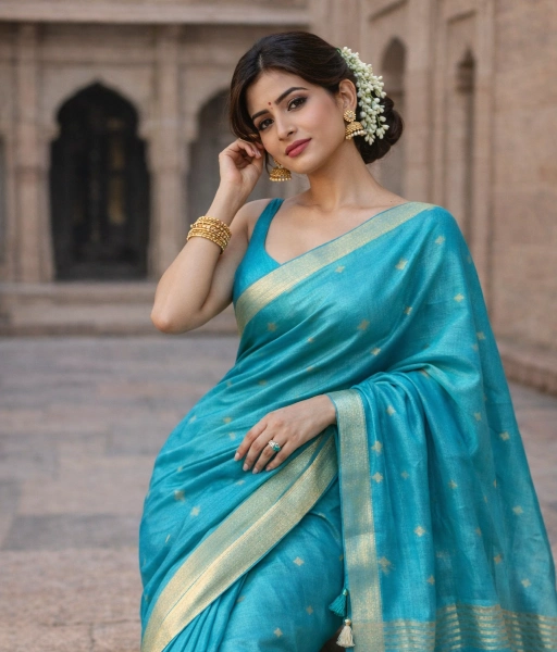 Firozi munga tussar silk saree with woven zari buta detailing all over