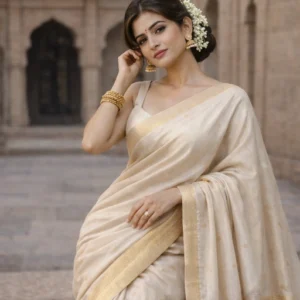 Natural munga tussar silk saree with woven zari buta detailing all over