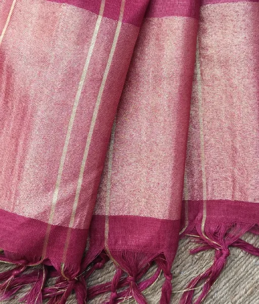 Maroon Linen Cotton Saree with Golden Zari Border - Image 2