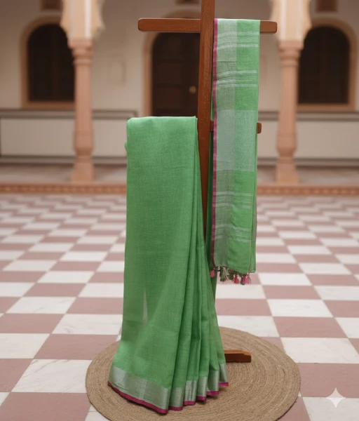 Pista green colour pure linen saree with very thin contrast border of dark pink colour and silver zari detailing at the border and aanchal - Image 2