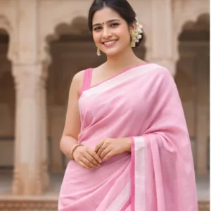 Pink colour pure linen saree with very thin contrast border of dark pink colour and silver zari detailing at the border and aanchal