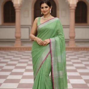 Pista green colour pure linen saree with very thin contrast border of dark pink colour and silver zari detailing at the border and aanchal