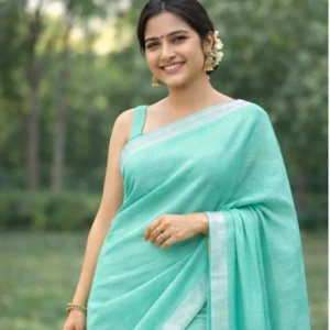 Sea Green pure linen saree with silver zari detailing at the border and the aanchal