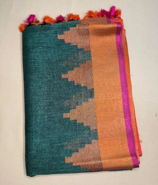 Green pure linen saree with pink and organge temple border - Image 3